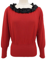 リボンデザイン長袖ニットトップス レッド/ブラック