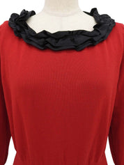 リボンデザイン長袖ニットトップス レッド/ブラック