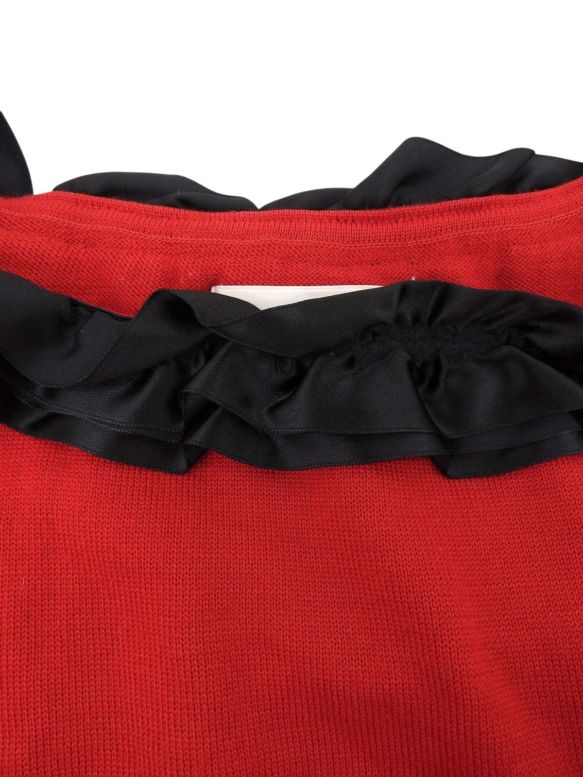 リボンデザイン長袖ニットトップス レッド/ブラック