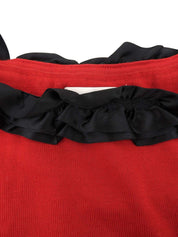 リボンデザイン長袖ニットトップス レッド/ブラック