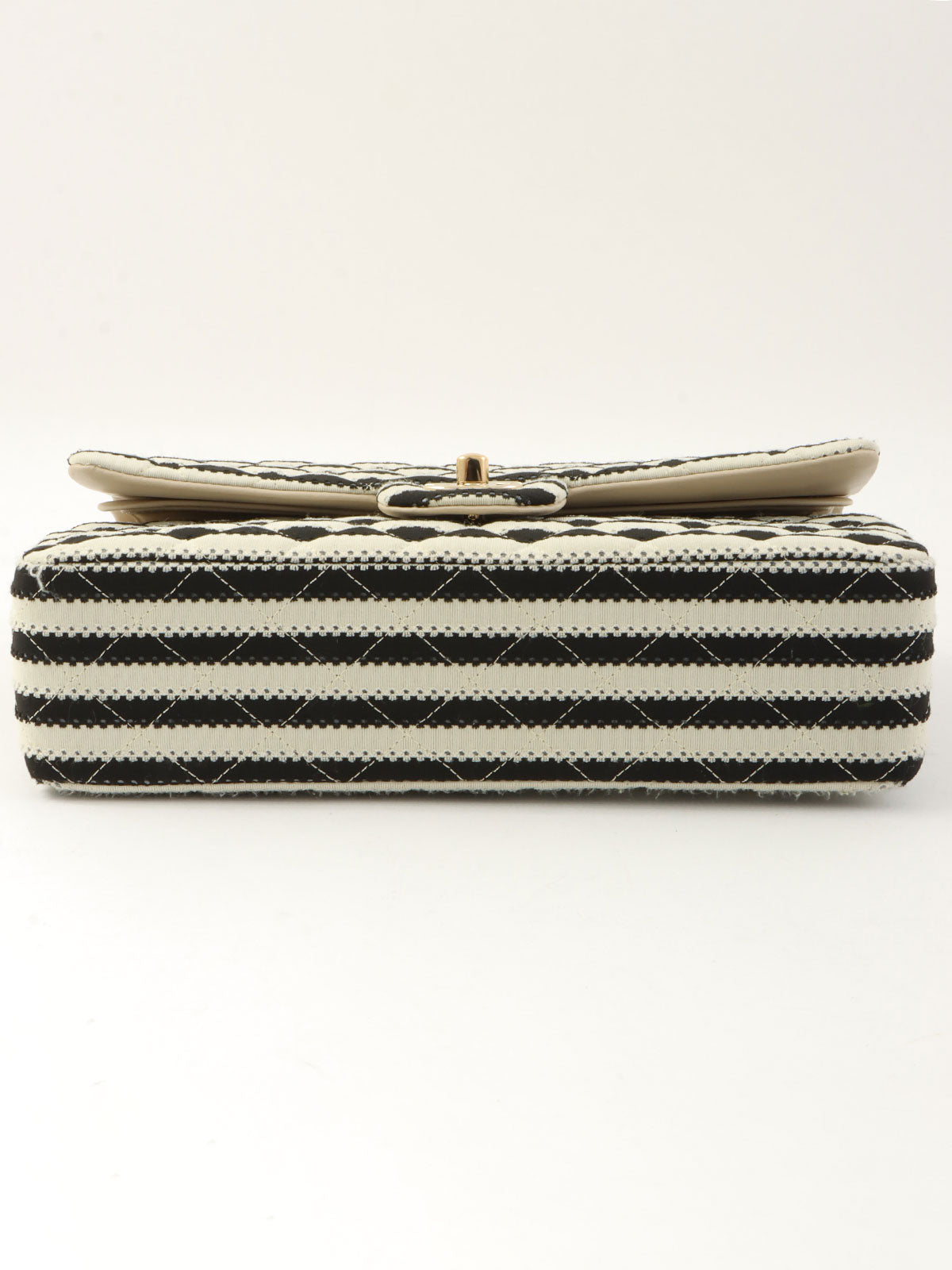 2014年頃製 コットンボーダーパターンクラシックフラップチェーンバッグ25cm グレー/ブラック