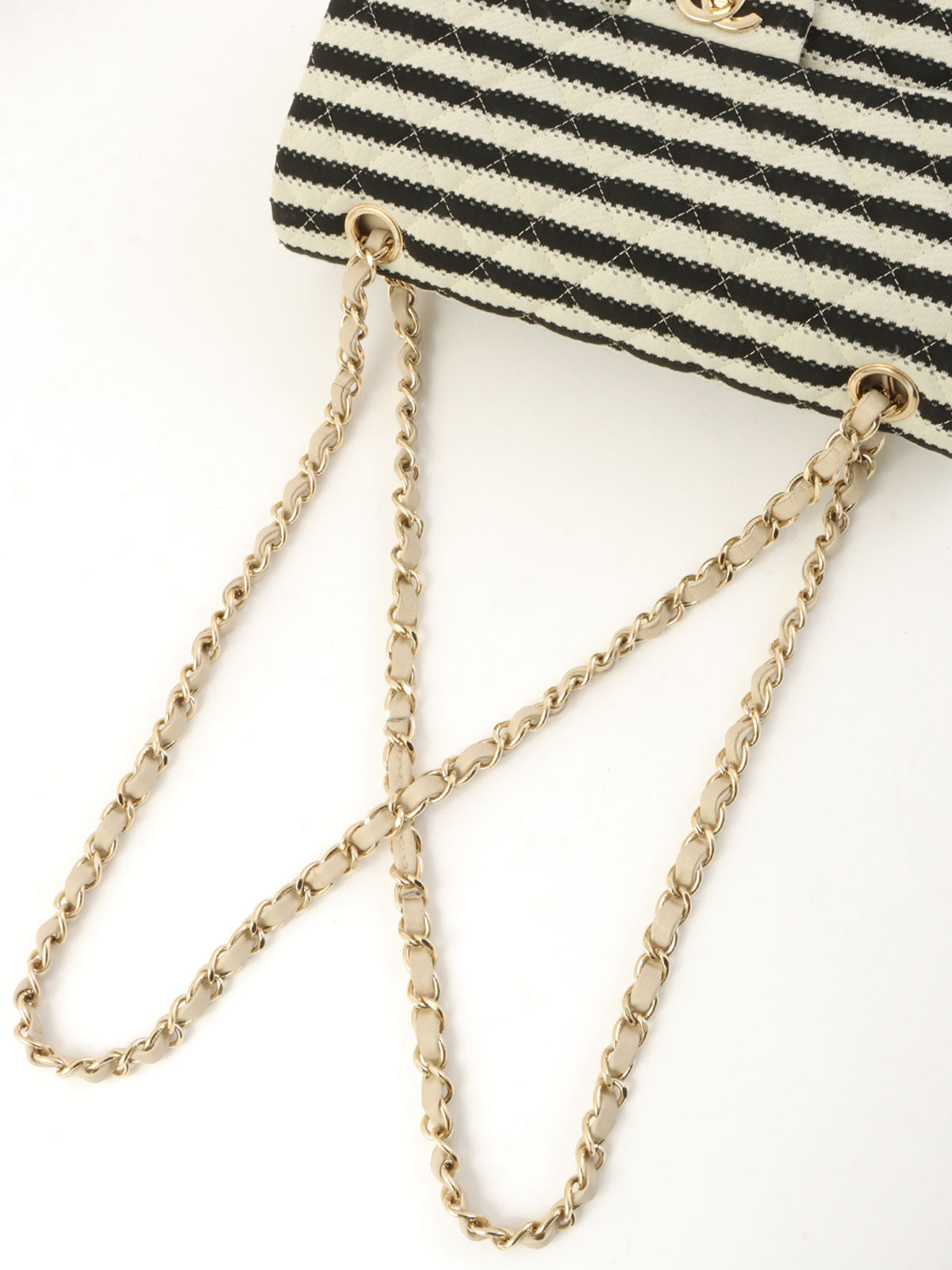 2014年頃製 コットンボーダーパターンクラシックフラップチェーンバッグ25cm グレー/ブラック