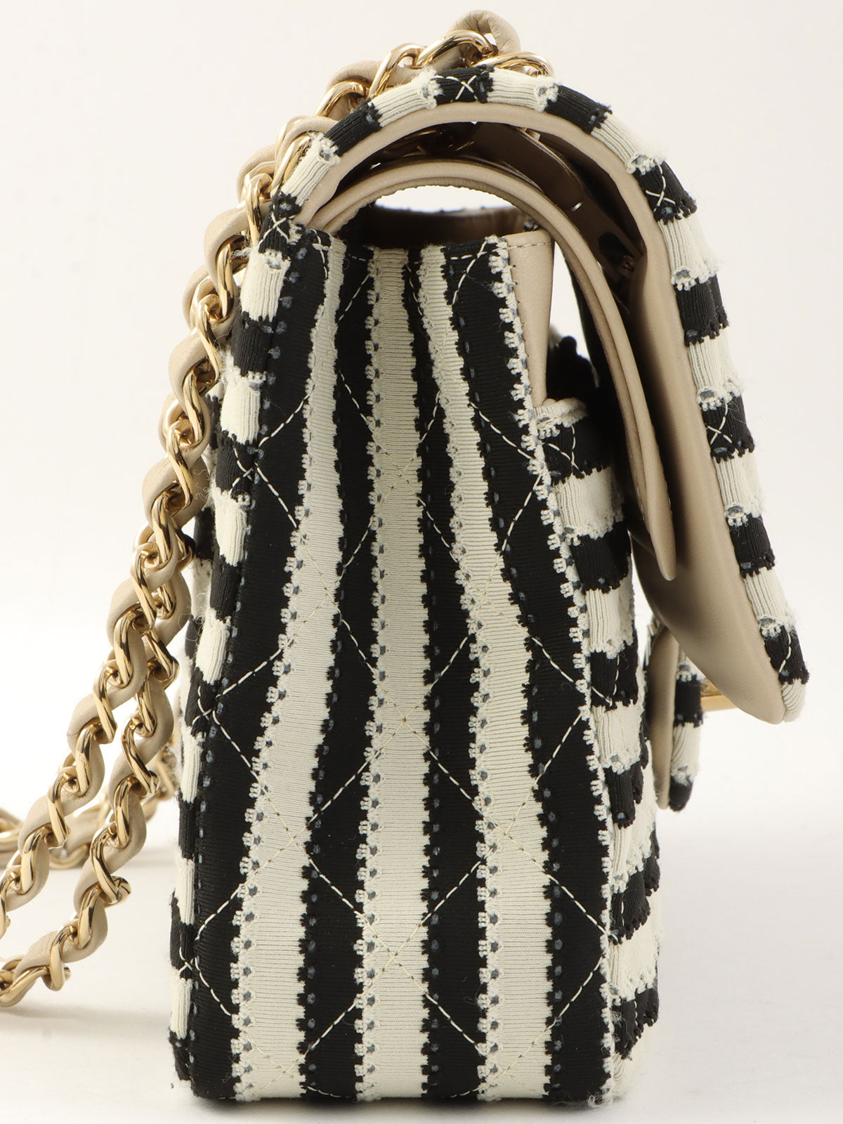 2014年頃製 コットンボーダーパターンクラシックフラップチェーンバッグ25cm グレー/ブラック