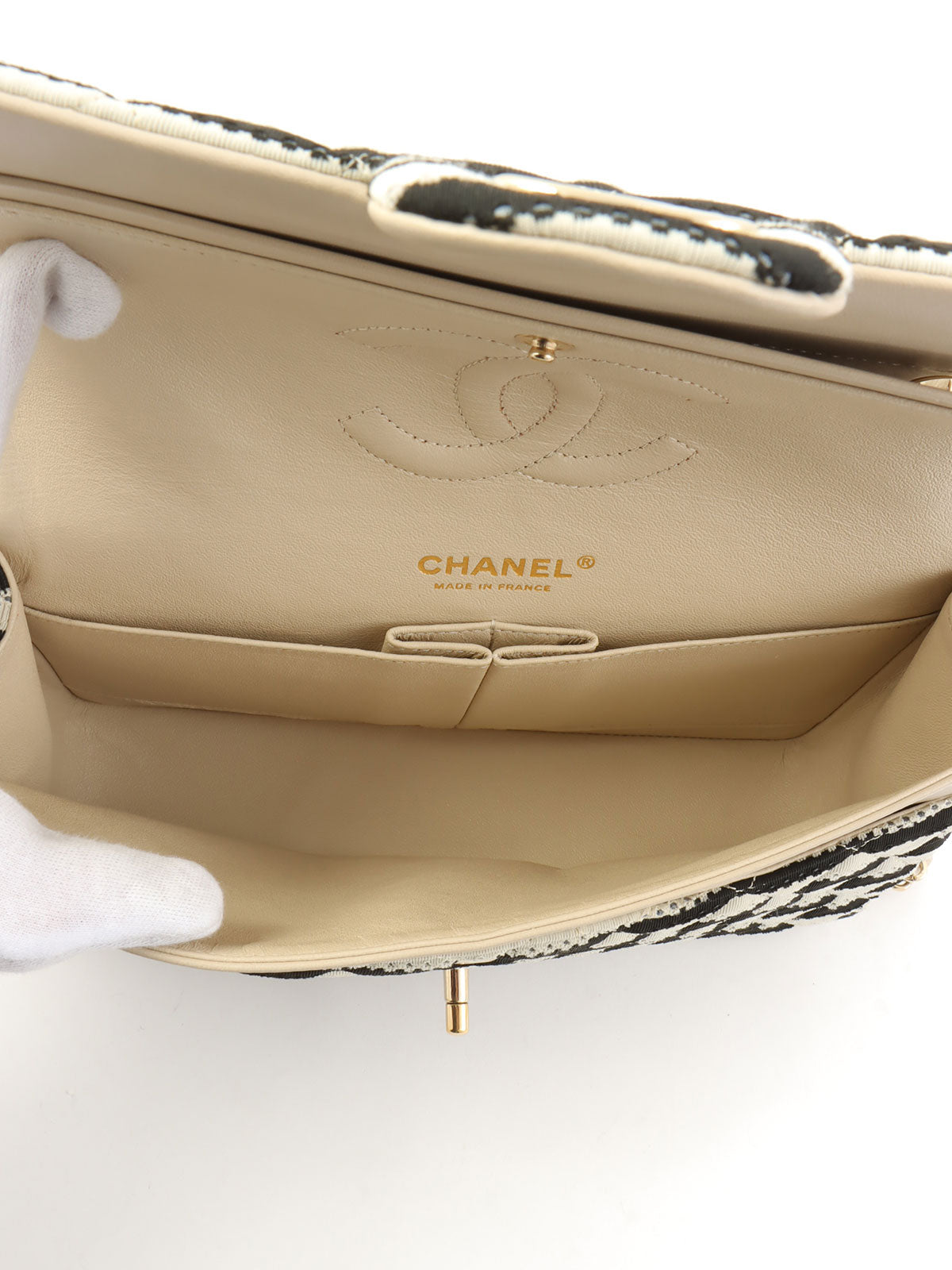 2014 Cotton Border Pattern Classic Flap Chain Bag, 25cm, Gray/Black