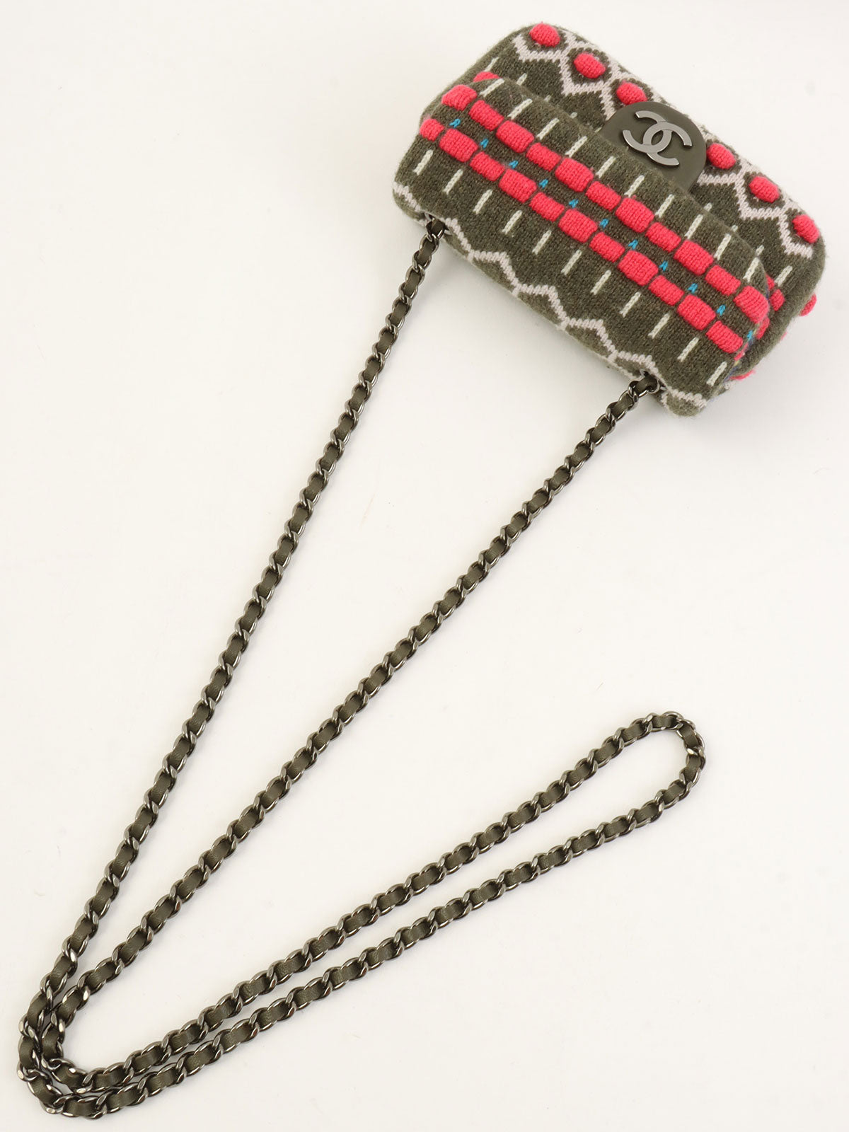 2015年頃製 CCマークプレートニットミニチェーンショルダーバッグ カーキ/マルチ
