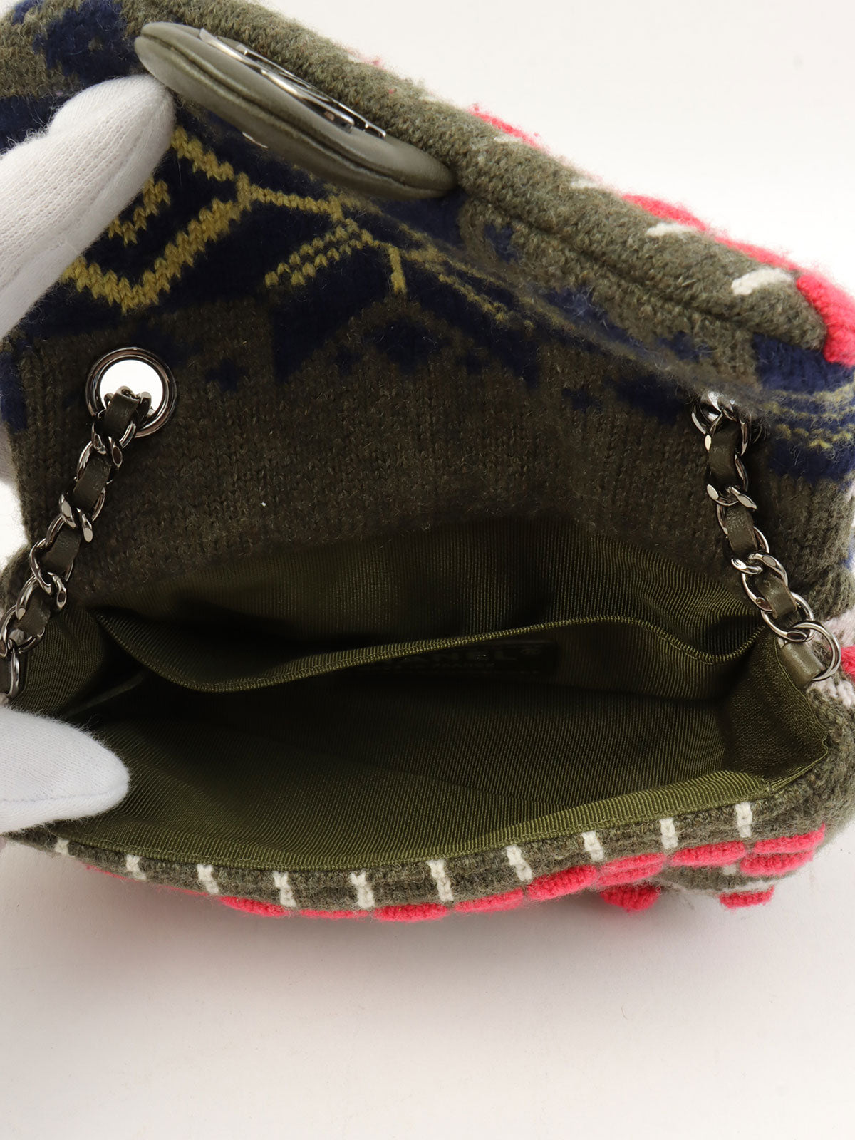 2015年頃製 CCマークプレートニットミニチェーンショルダーバッグ カーキ/マルチ