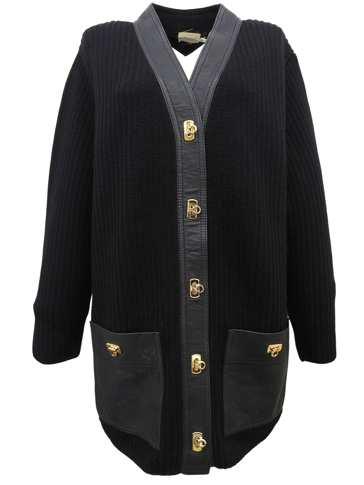 ウールレザーコンビガンチーニボタンカーディガン ブラック