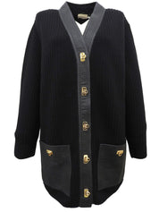 ウールレザーコンビガンチーニボタンカーディガン ブラック