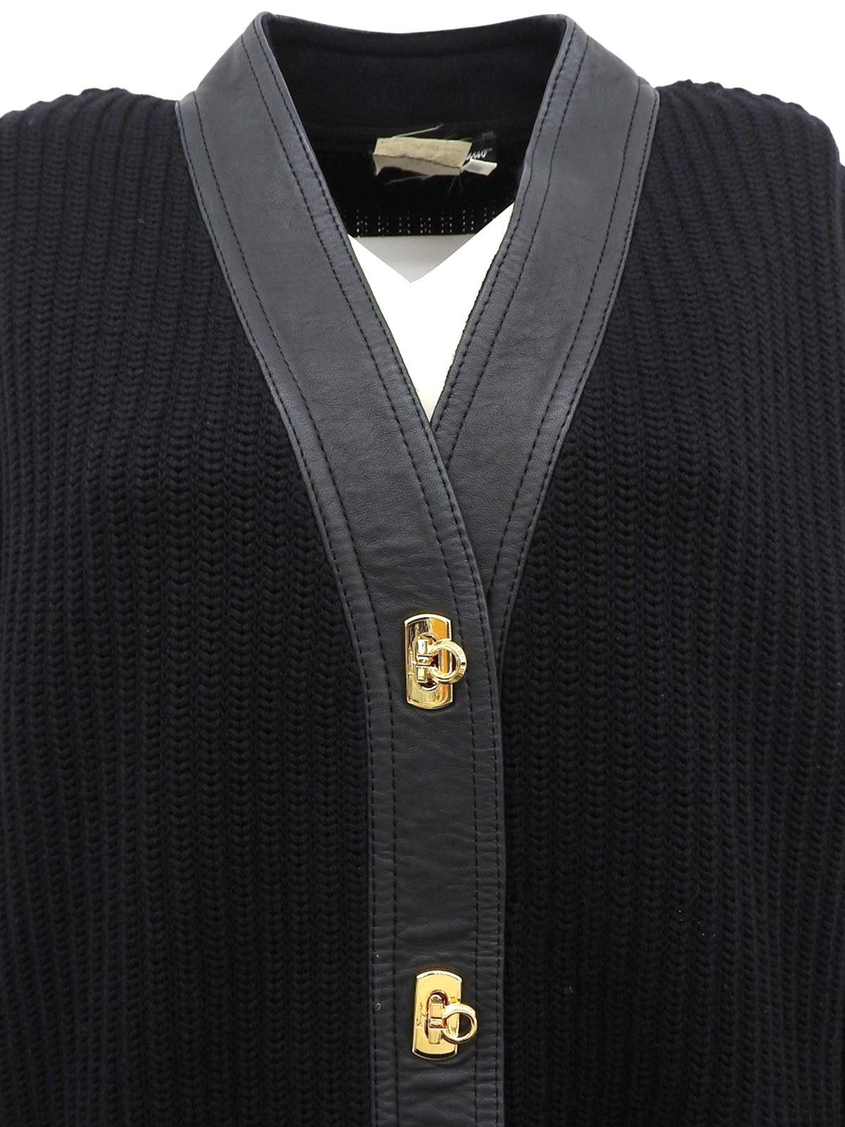 ウールレザーコンビガンチーニボタンカーディガン ブラック
