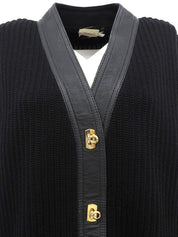 ウールレザーコンビガンチーニボタンカーディガン ブラック