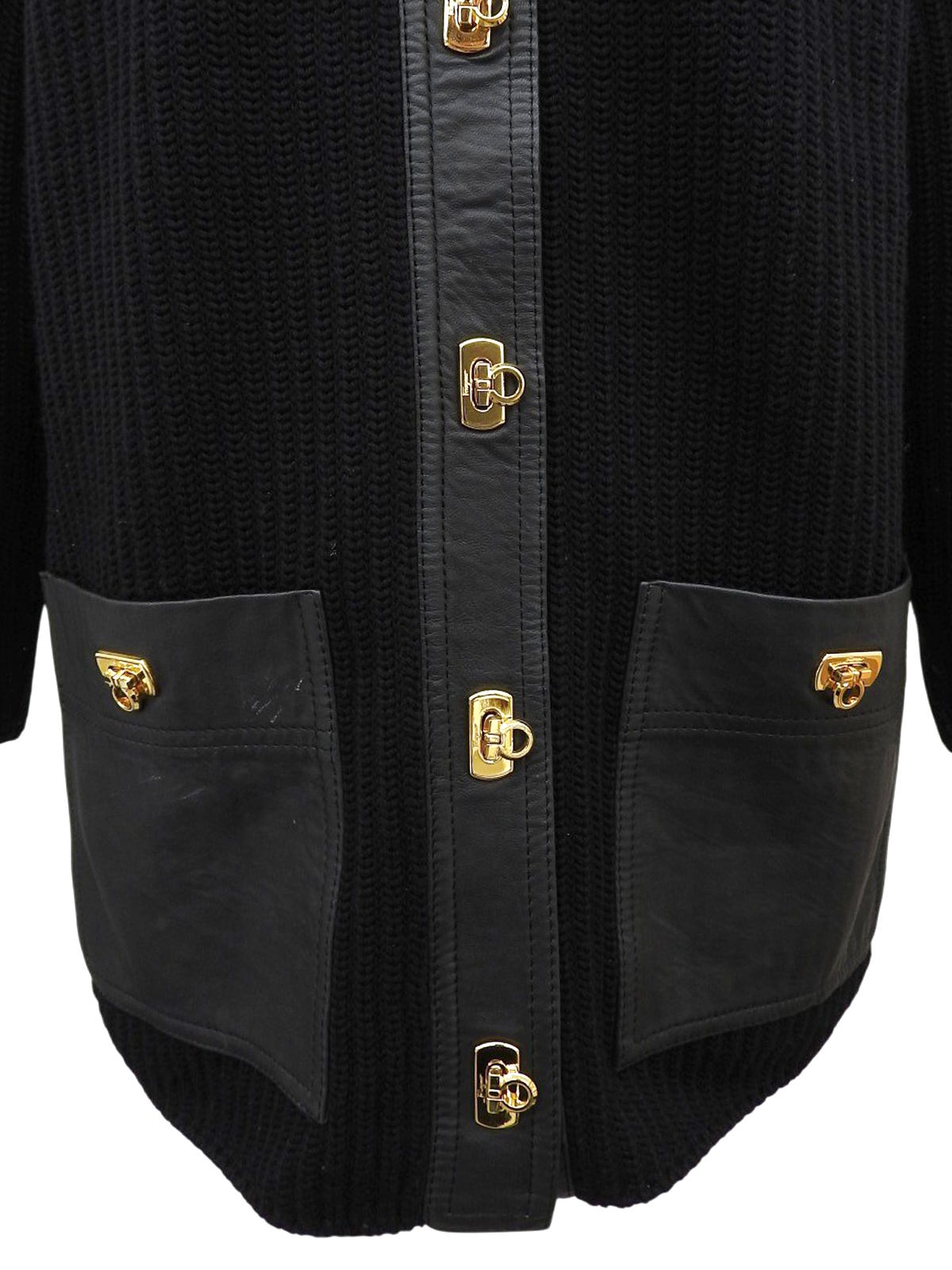 ウールレザーコンビガンチーニボタンカーディガン ブラック