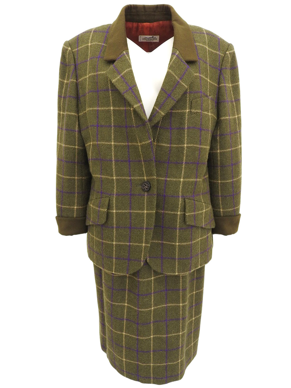 チェックパターンロゴボタンセットアップ カーキ/イエロー/パープル