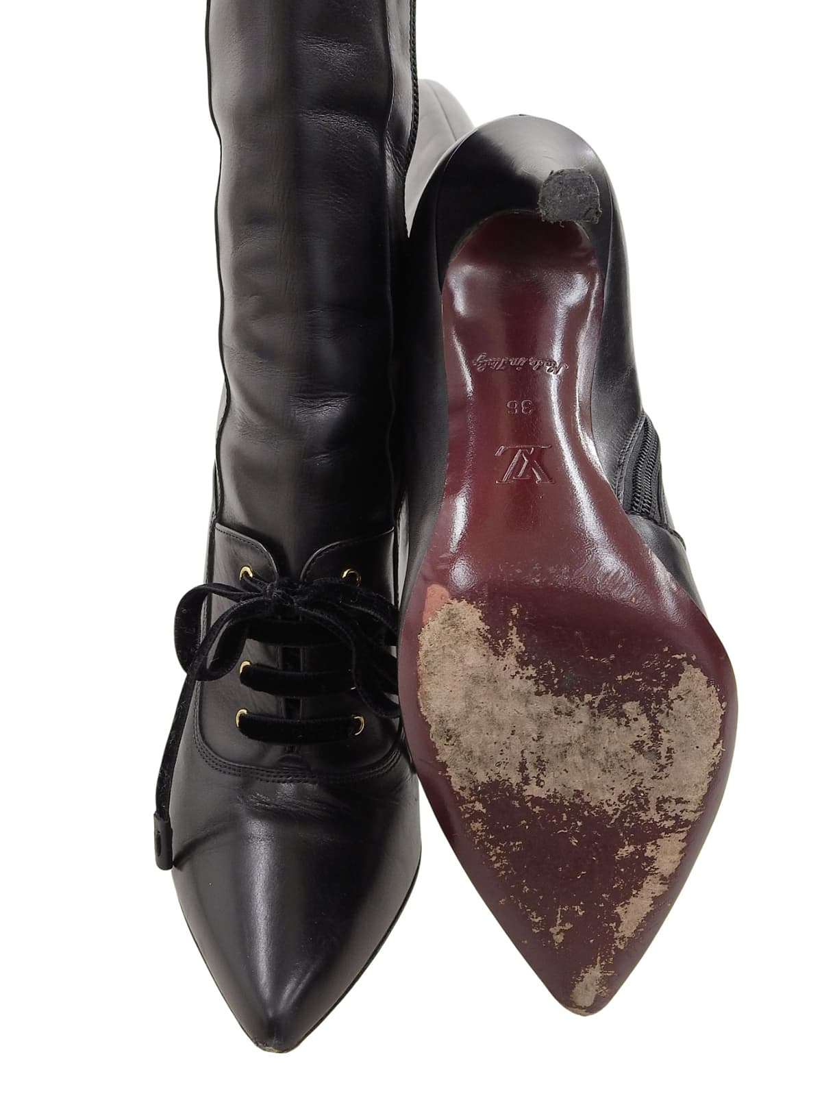 Leather logo buckle lace-up long boots in black