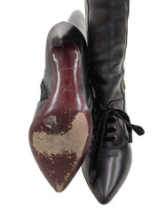 Leather logo buckle lace-up long boots in black