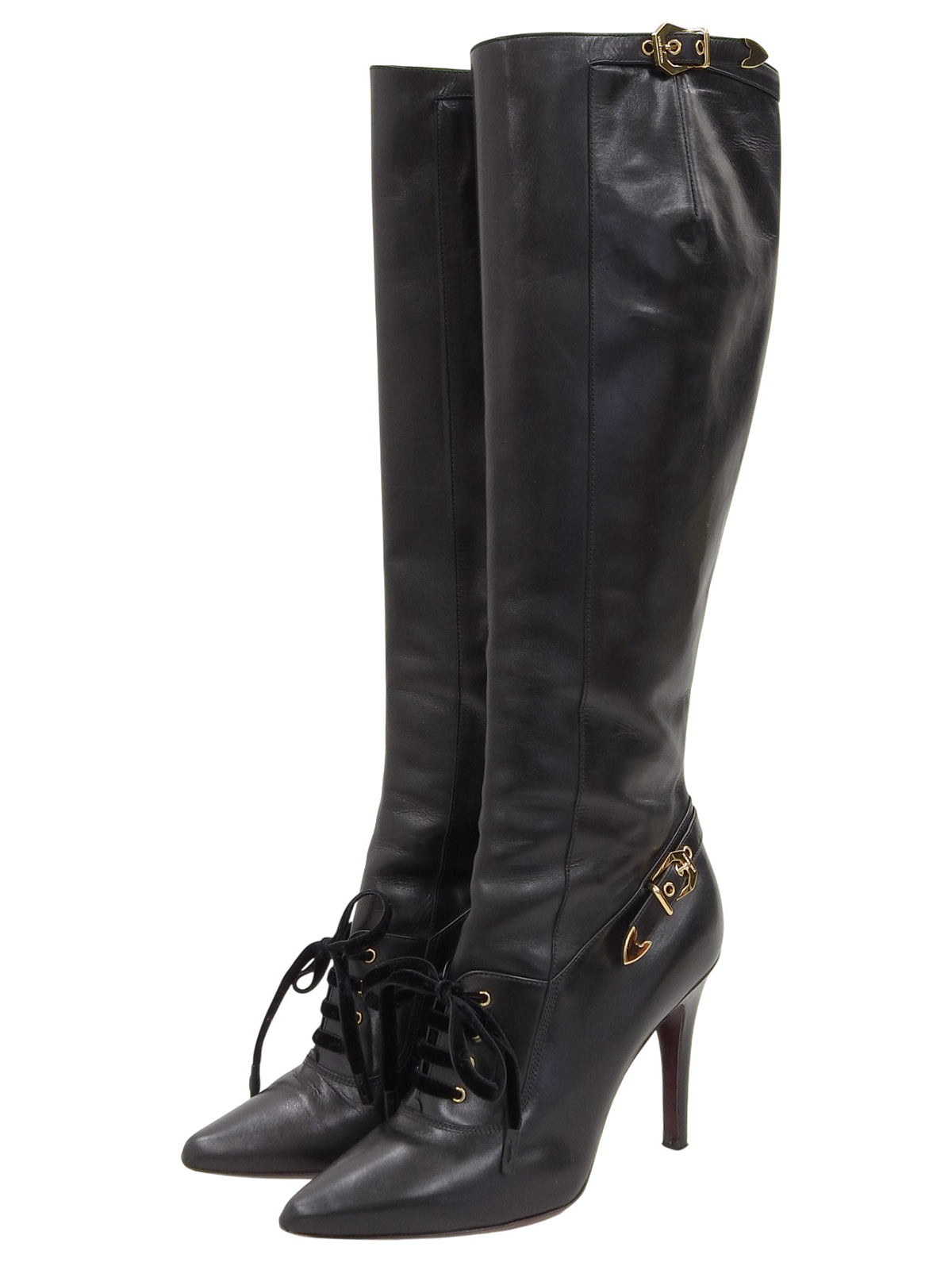 Leather logo buckle lace-up long boots in black