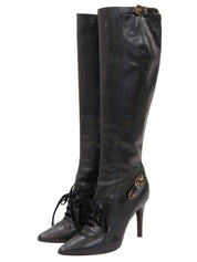 Leather logo buckle lace-up long boots in black