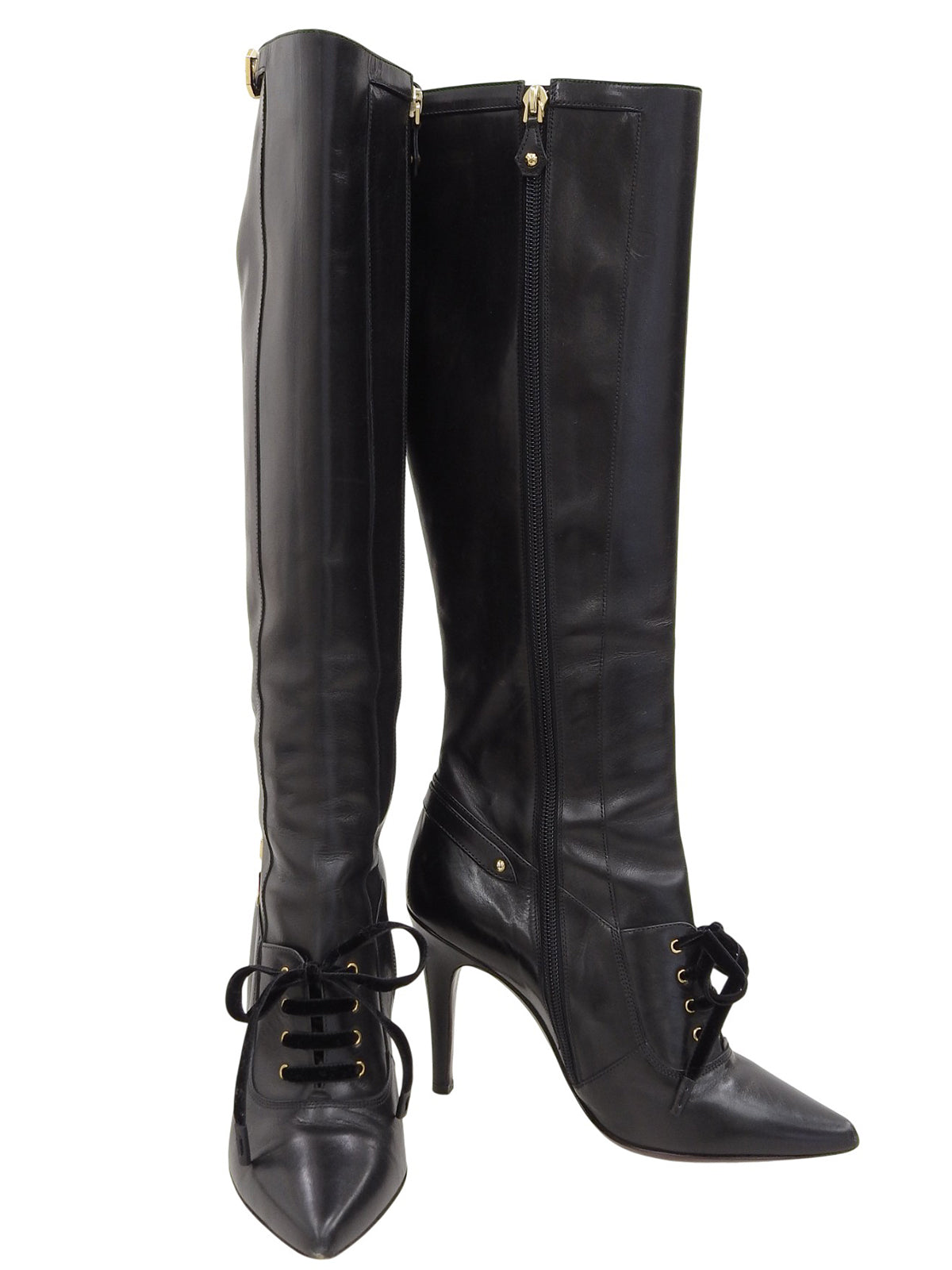 Leather logo buckle lace-up long boots in black