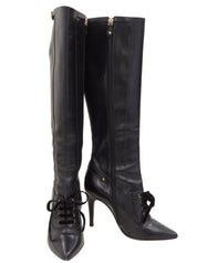Leather logo buckle lace-up long boots in black