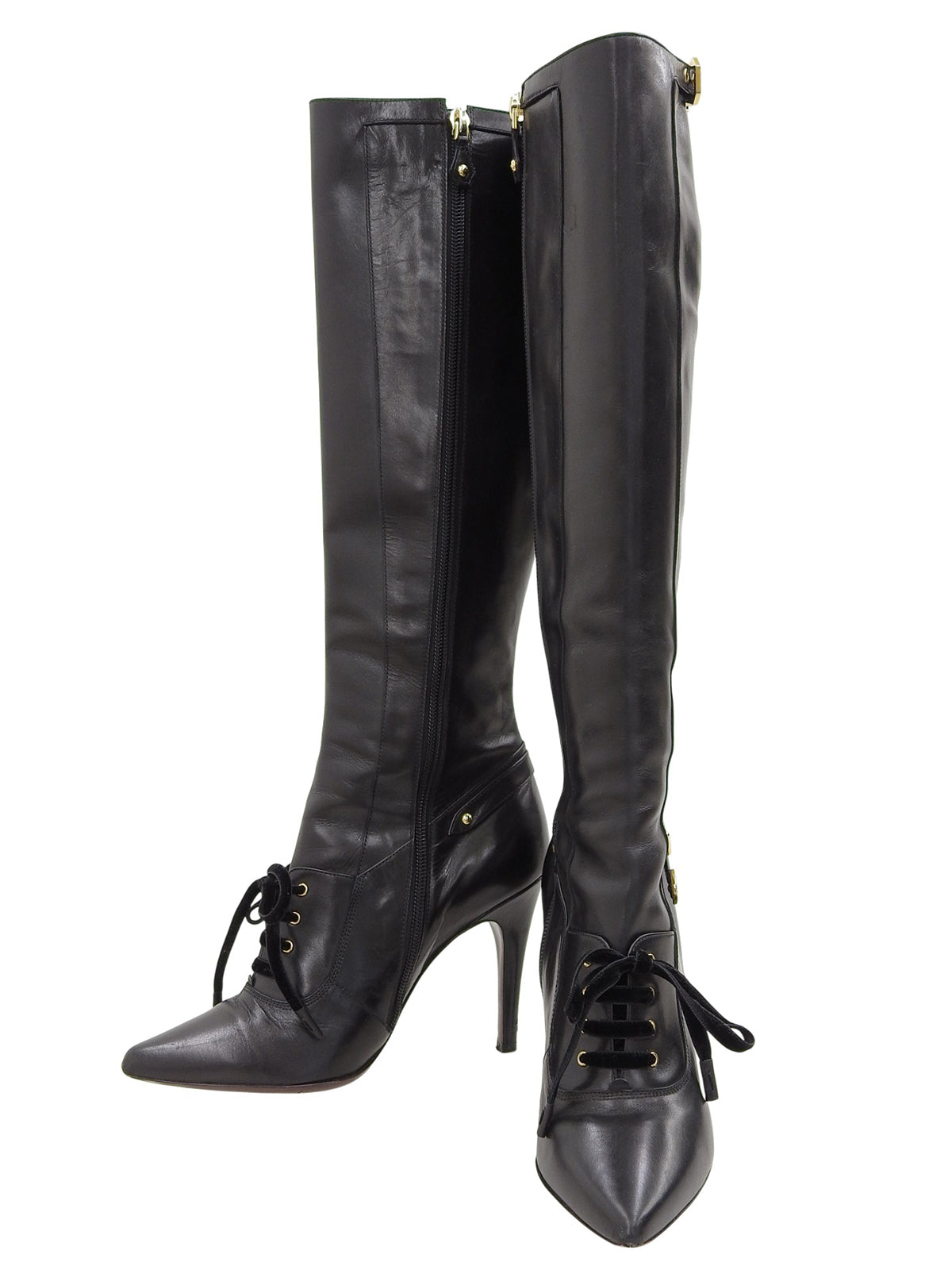 Leather logo buckle lace-up long boots in black