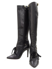 Leather logo buckle lace-up long boots in black