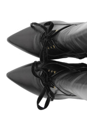 Leather logo buckle lace-up long boots in black