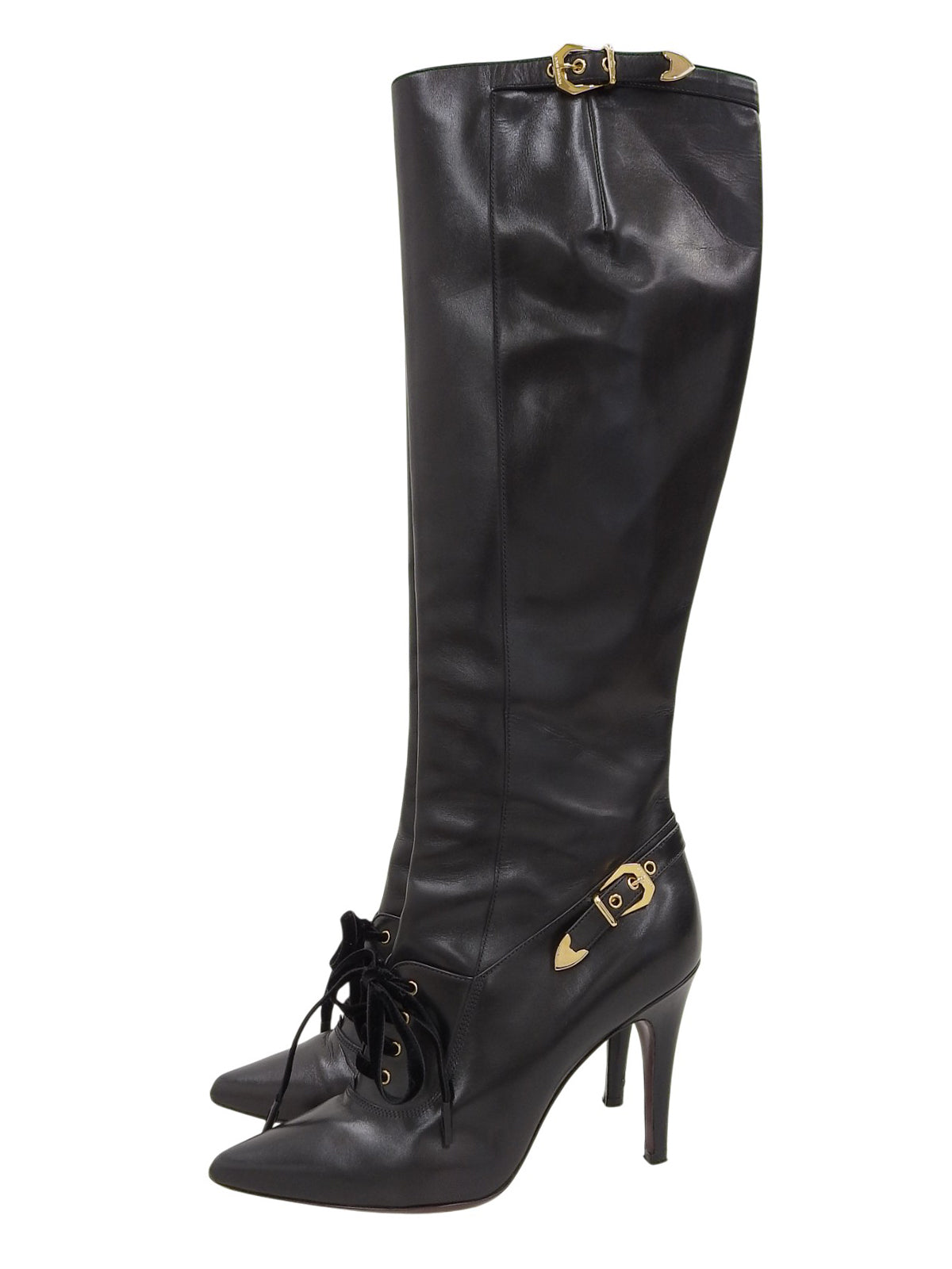 Leather logo buckle lace-up long boots in black