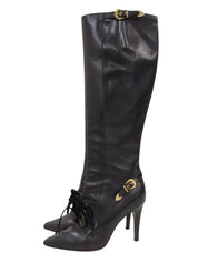 Leather logo buckle lace-up long boots in black