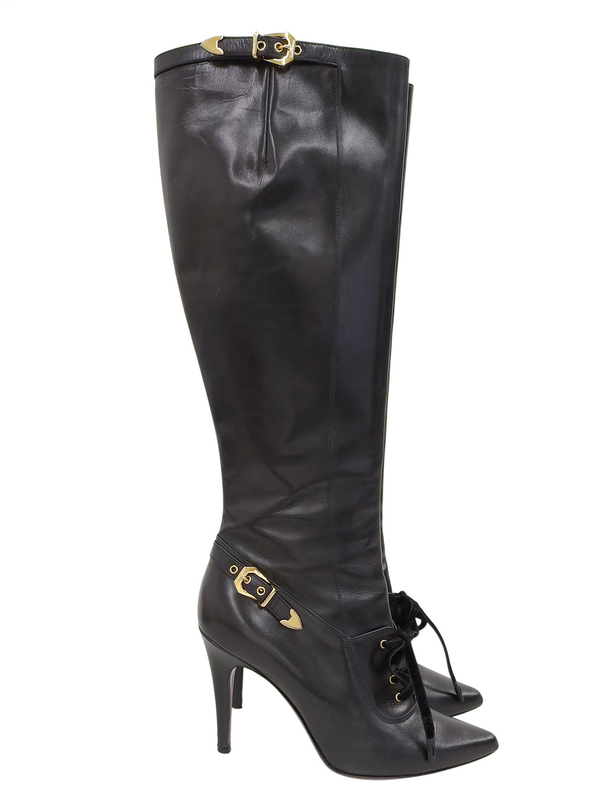 Leather logo buckle lace-up long boots in black