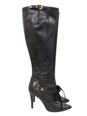 Leather logo buckle lace-up long boots in black