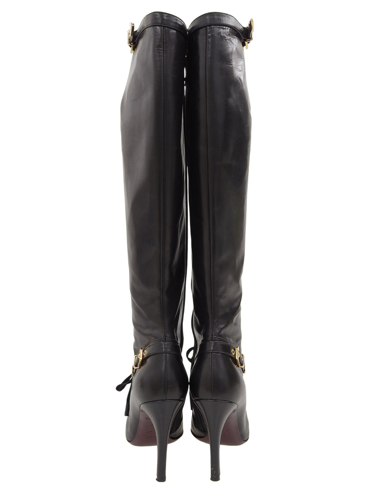 Leather logo buckle lace-up long boots in black