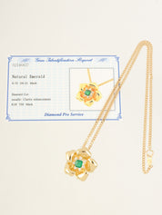 18K Gold/Green Emerald and Diamond Flower Motif Necklace