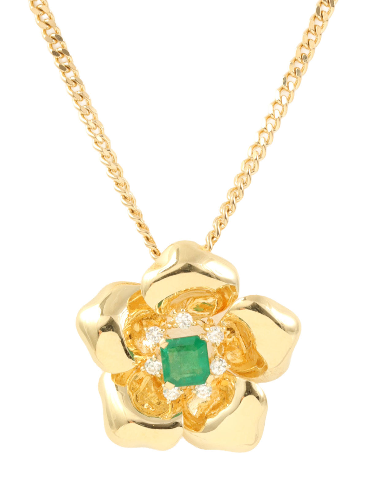 18K Gold/Green Emerald and Diamond Flower Motif Necklace