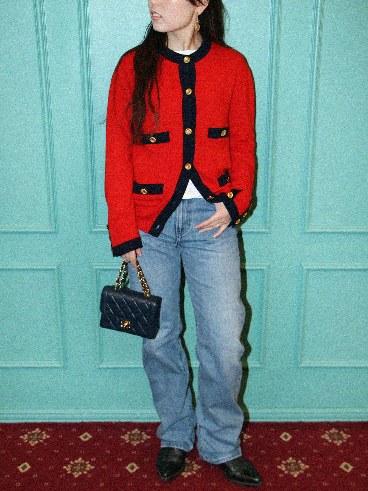 バイカラーCCマークボタンカーディガン ネイビー/レッド