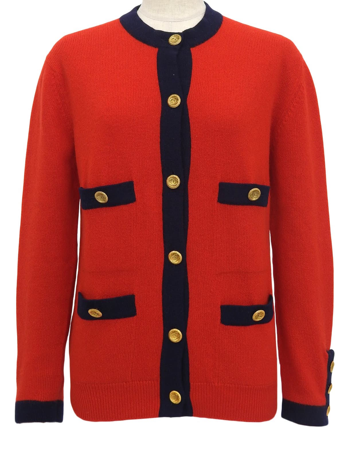 バイカラーCCマークボタンカーディガン ネイビー/レッド