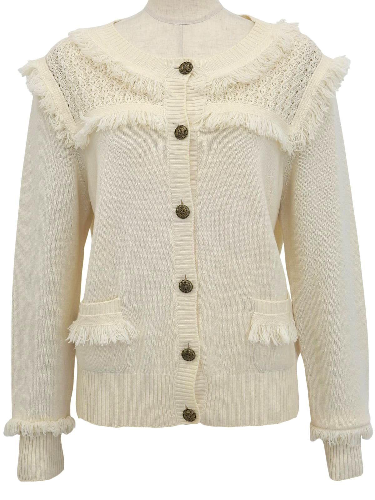 カシミアデザインCCマークボタンフリンジカーディガン アイボリー