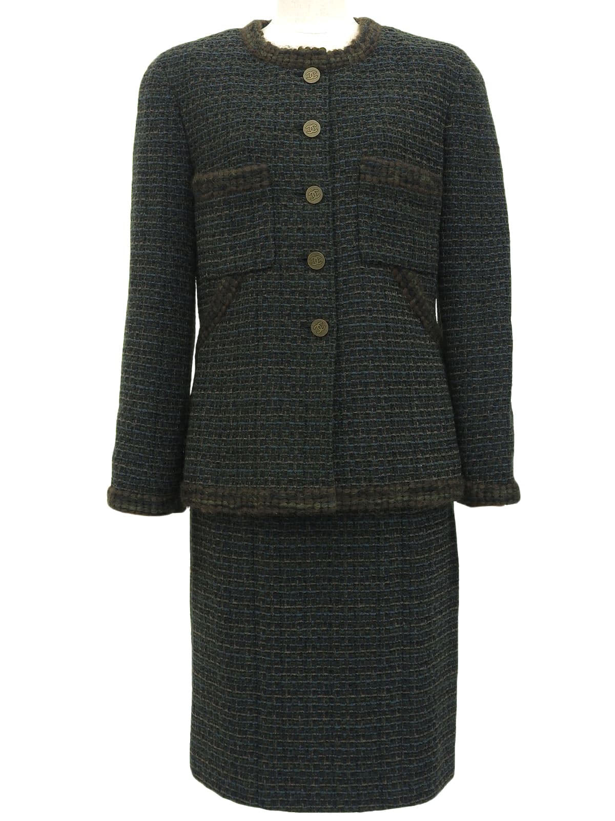 1998年製 ツイードCCマークボタンセットアップ ダークグリーン/マルチ