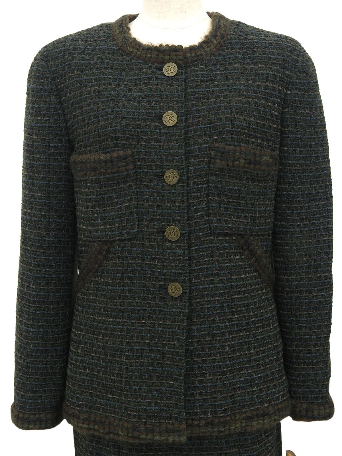 1998年製 ツイードCCマークボタンセットアップ ダークグリーン/マルチ