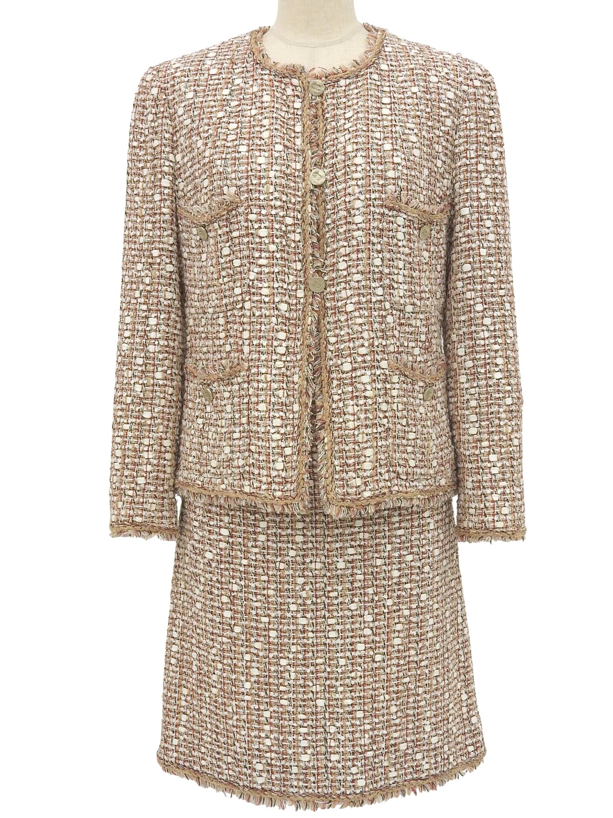 2006年製 ツイードCCマークボタンセットアップ ベージュ/ホワイト/マルチ