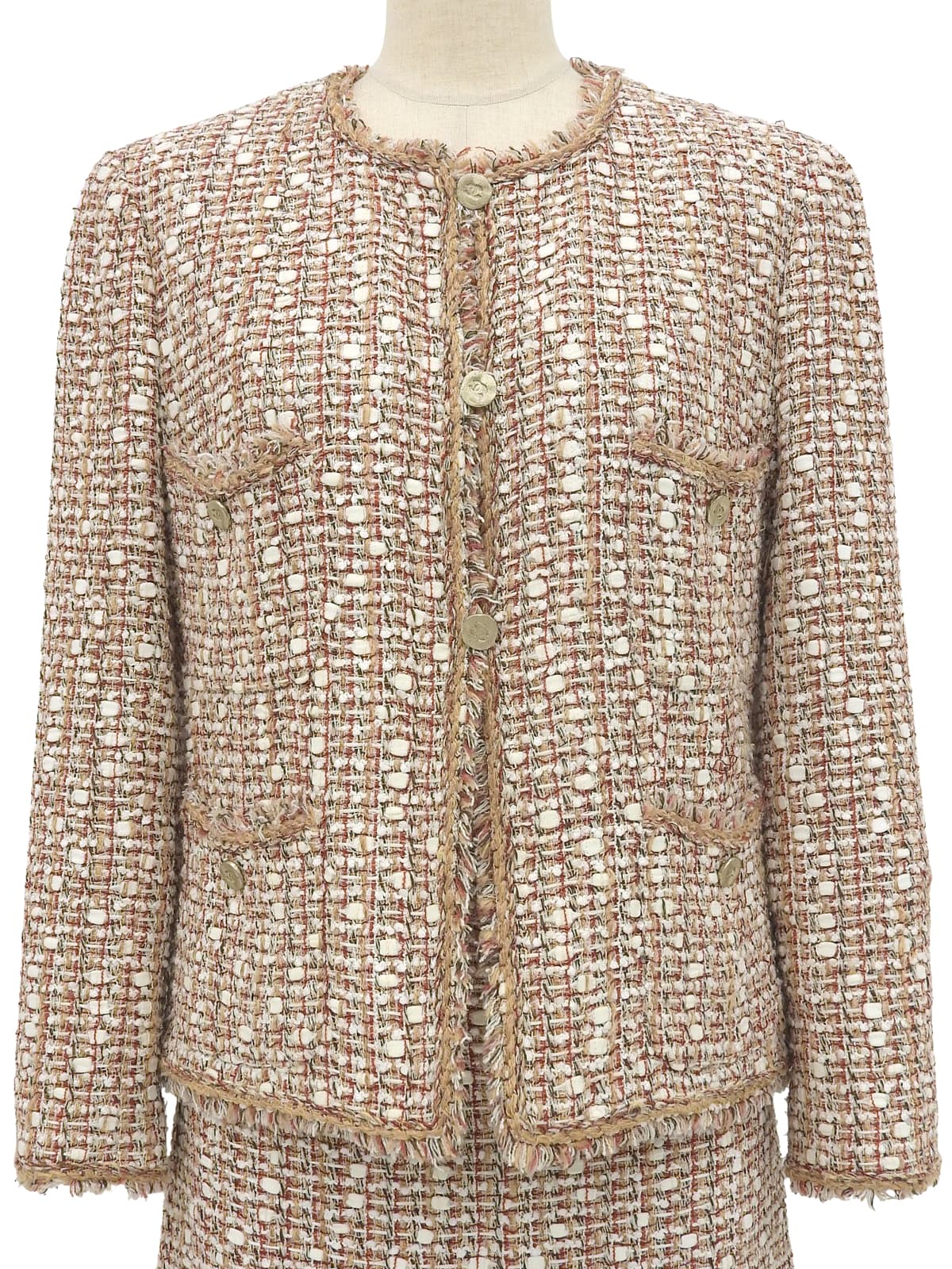 2006年製 ツイードCCマークボタンセットアップ ベージュ/ホワイト/マルチ