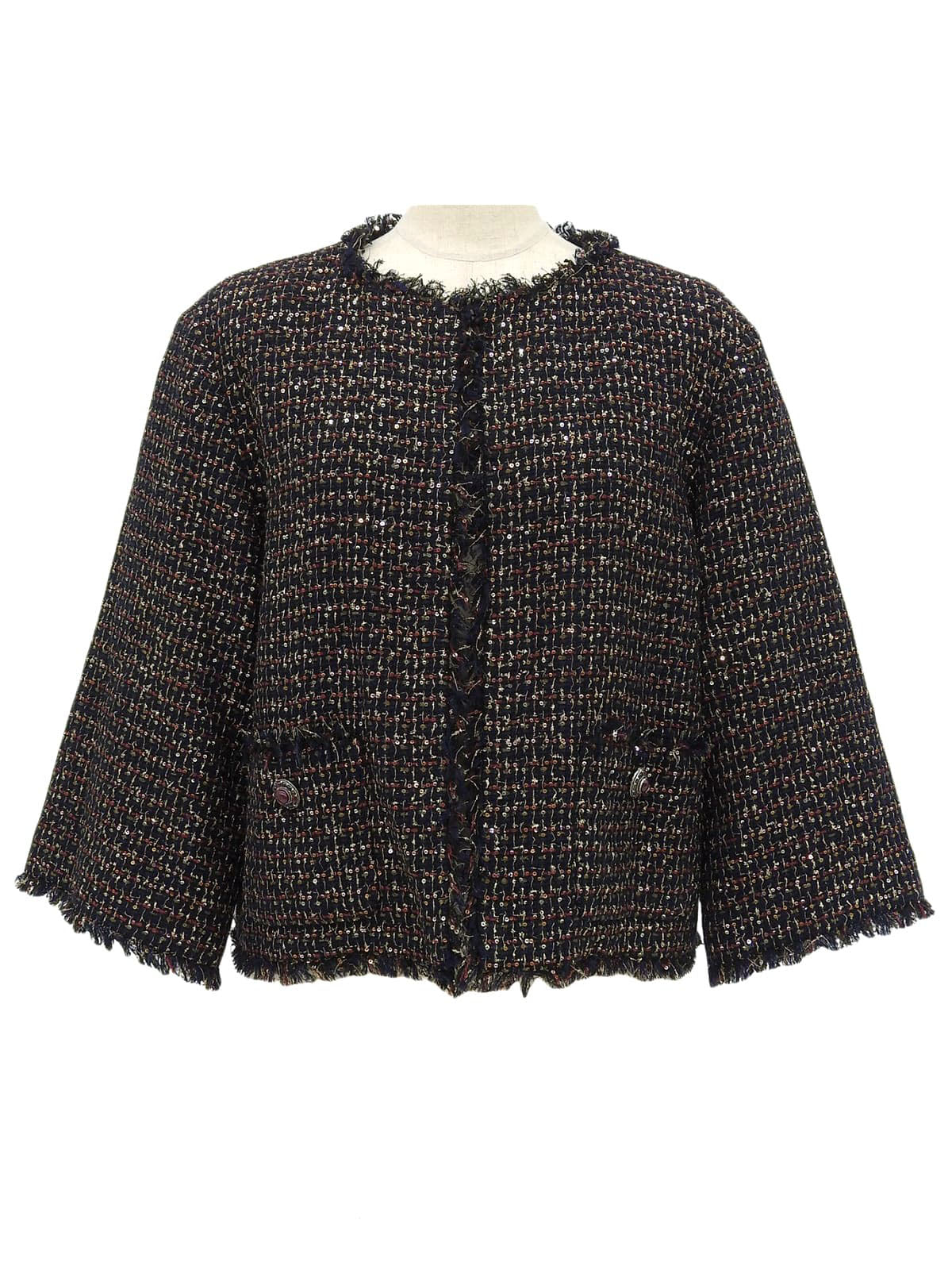 ツイードスパンコールグリポワボタンノーカラージャケット ブラック/マルチ