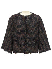 ツイードスパンコールグリポワボタンノーカラージャケット ブラック/マルチ
