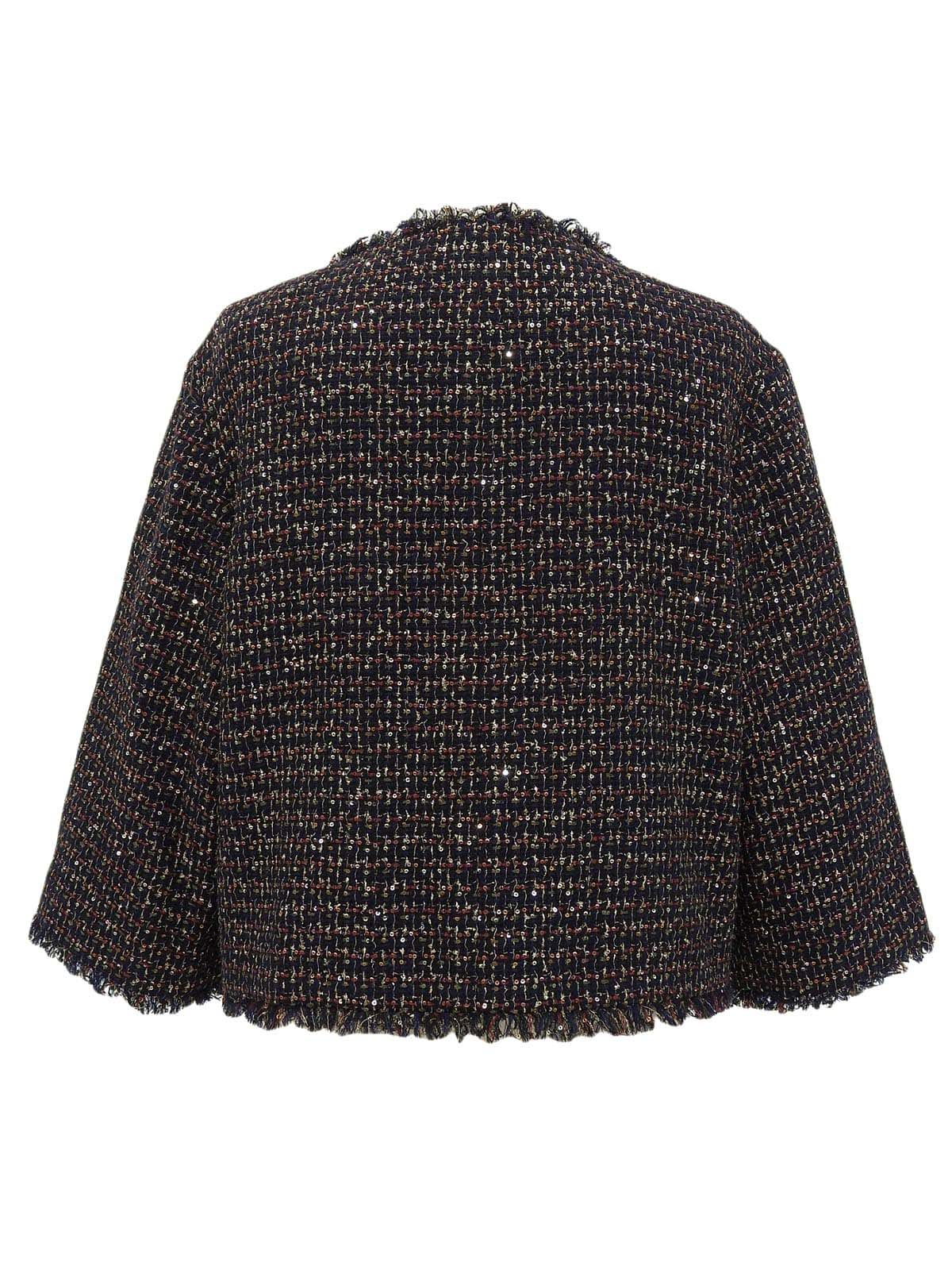 ツイードスパンコールグリポワボタンノーカラージャケット ブラック/マルチ