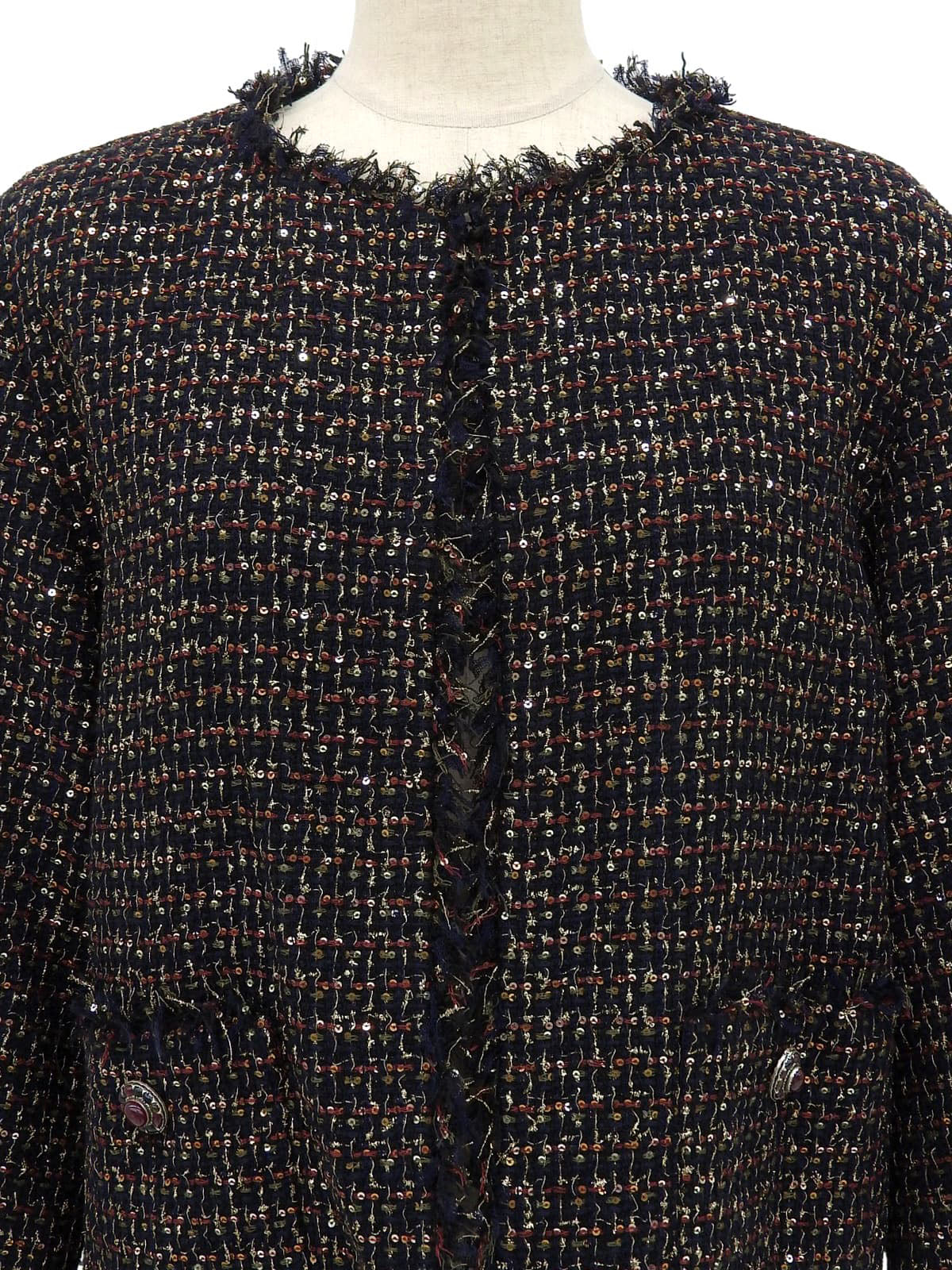 ツイードスパンコールグリポワボタンノーカラージャケット ブラック/マルチ