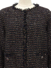 ツイードスパンコールグリポワボタンノーカラージャケット ブラック/マルチ