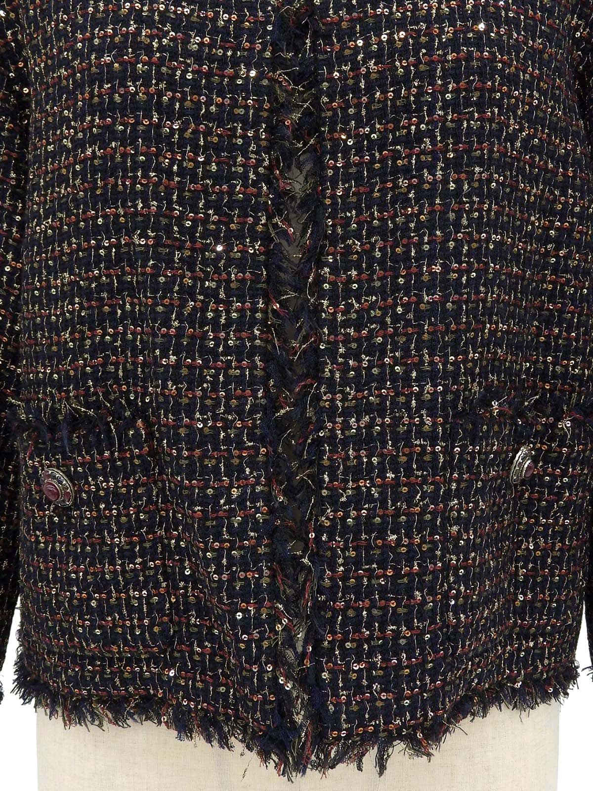 ツイードスパンコールグリポワボタンノーカラージャケット ブラック/マルチ