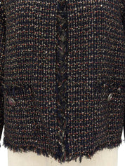 ツイードスパンコールグリポワボタンノーカラージャケット ブラック/マルチ