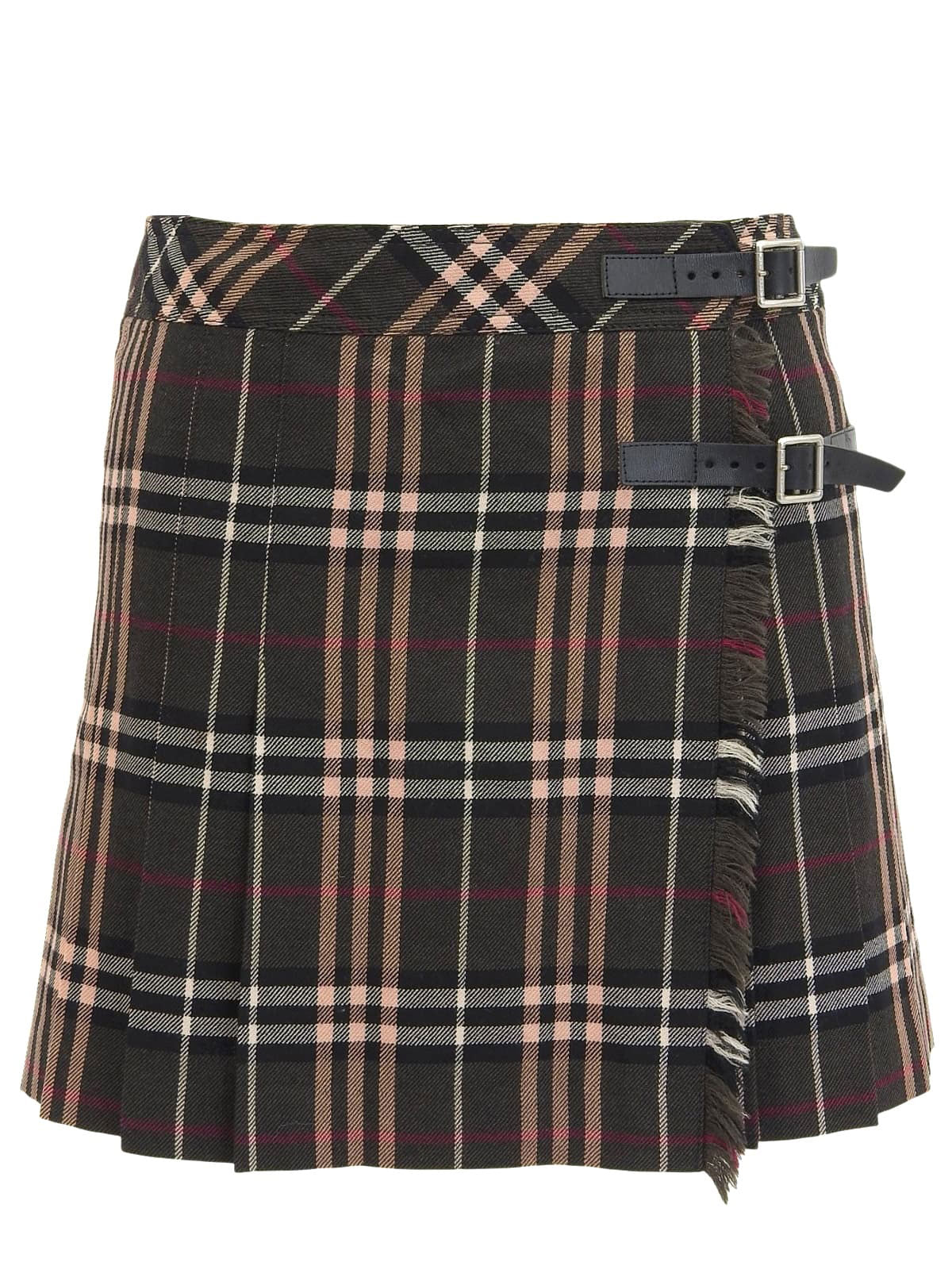 Wool Check Pattern Mini Skirt in Khaki/Multi