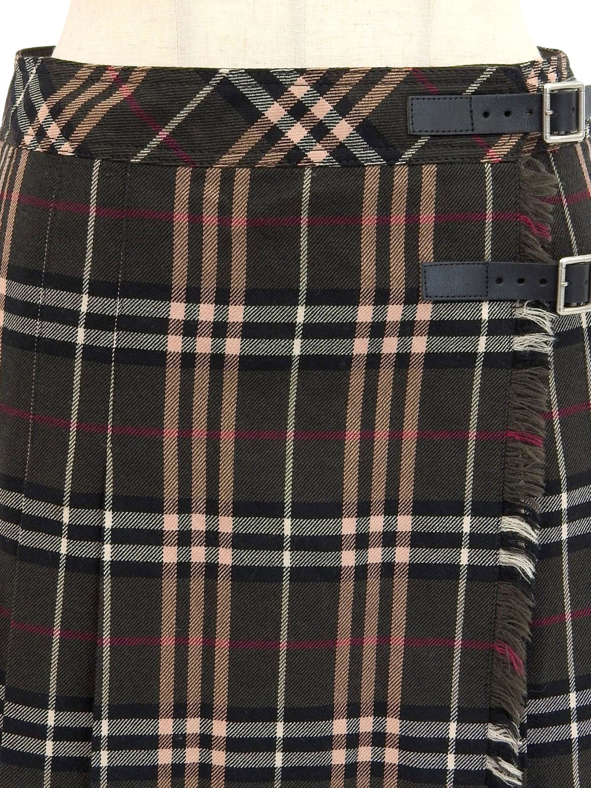Wool Check Pattern Mini Skirt in Khaki/Multi