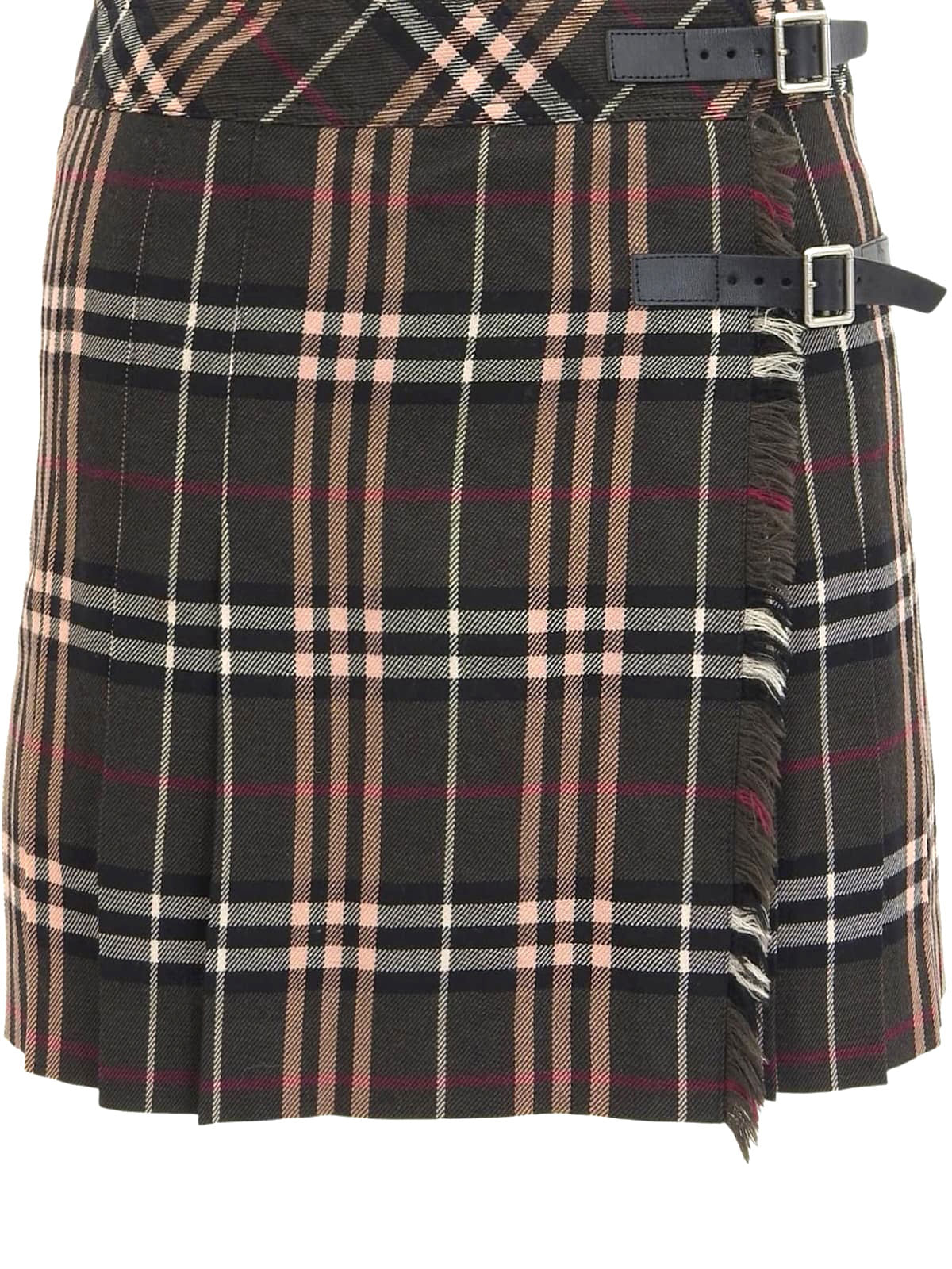 Wool Check Pattern Mini Skirt in Khaki/Multi