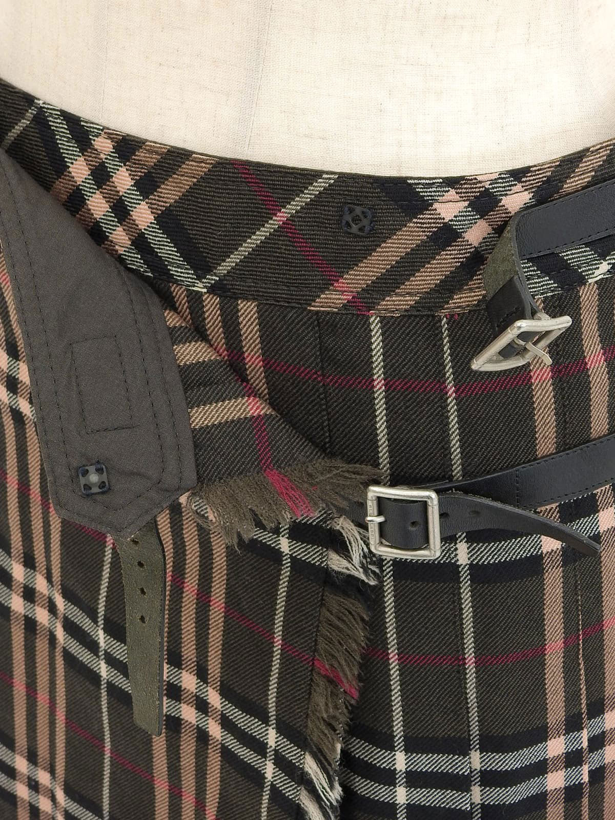 Wool Check Pattern Mini Skirt in Khaki/Multi